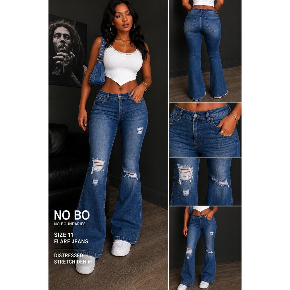 NO BO Distressed Flare Jeans Womens Size 11 Medium Wash Stretch Denim Y2K